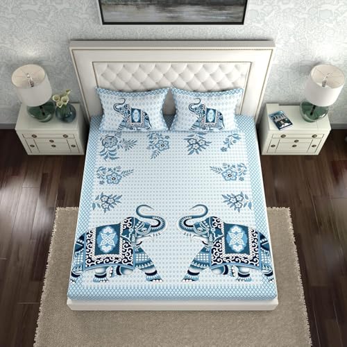 Image of La Verne 140 TC 100% Cotton King Size Jaipuri Rajasthani Print Bedsheet with 2 Pillow Covers