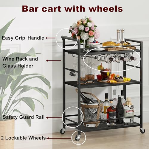 Image of 3 Tier Bar Cart, Small Beverage Cart, Mini Bar Cart with Wine Rack, Home Bar Serving Cart with Wheels for Kitchen Dining Living Room (Black, General) GBC507B