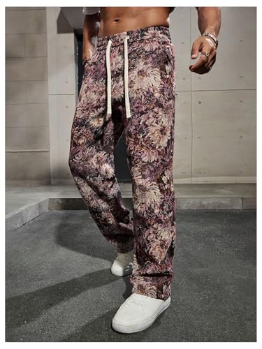 Men's Floral Pants Vintage Boho Pant Hippie Drawstring Waist Vacation Straight Leg Trousers with Pockets Streetwear4