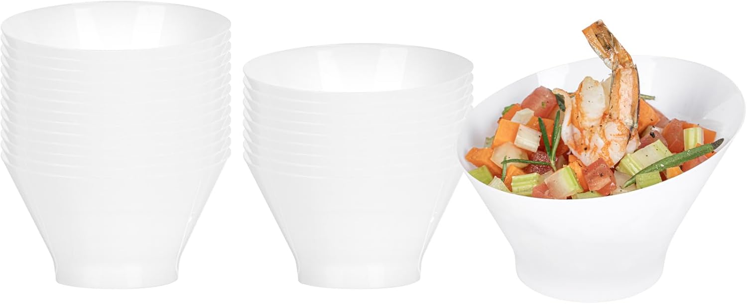 Restaurantware-5 Ounce Serving Bowls, 100 Disposable Appetizer Bowls - Incline Design, Round, White Plastic Snack Bowl, Durable, For Weddings Birthdays, And More
