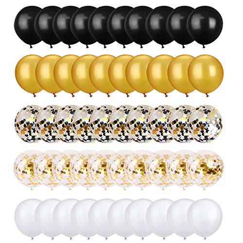 72 Pack Black Gold Confetti Balloons Kit, 12 Inch Black Gold White Balloons And Gold Confetti Balloons With Balloon Ribbons For Graduation Birthday Wedding Baby Shower Party Decorations #TOP3