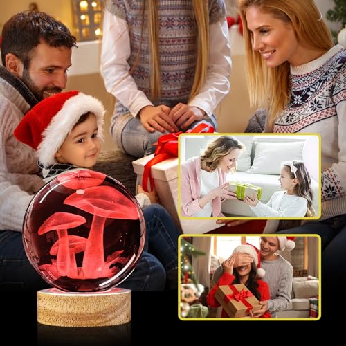 Image of 3D Crystal Ball Night Light with Wooden Base, Mushroom Glass Ball Lamp with 16 Colors and Remote Control - Cool Desk Decor Gift for Kids and Friends