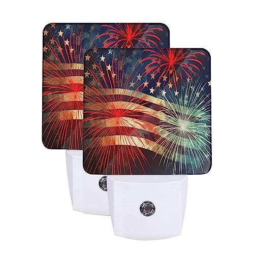 Image of Fireworks US Flag Night Light Set of 2, Auto Sensor LED Dusk-to-Dawn Nightlights, Plug-in Sensor Lamp for Bedroom Bathroom Kitchen Hallway Stairs Decorative