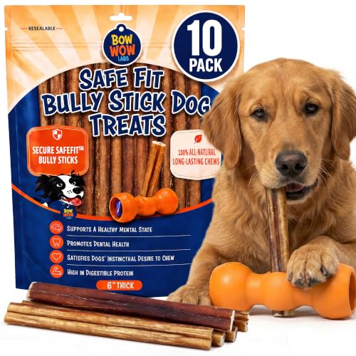 Bow Wow Labs SafeFit Bully Sticks for Dogs - 100% All Natural Beef Sticks Grass-Fed Low Odor Long Lasting Dog Chews Dog Chew Treats Bully Stick for Small Medium Large Dogs - 6 Thick 10 Pack
