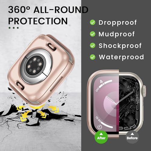 Image of 3 in 1 Goton Waterproof Hard Case for Apple Watch Screen Protector 41mm, 360 Slim Full Protective Tempered Glass Face Cover + Back Hard PC Bumper for iWatch Series 9 /8 /7, 41mm Rose Gold