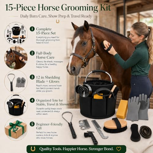 Horse Grooming Kit, 15-Piece Horse Brush Set with Tote Bag, Long Shedding Blade, Hoof Pick, Curry Comb, Sweat Scraper, Mane and Tail Comb, Gloves, Equine Grooming Supplies, Black - Image 2
