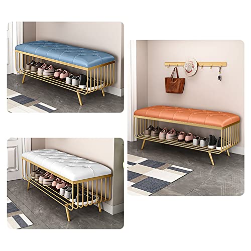 Banc de bout de lit rembourré à boutons et étagère dorée chic - 5