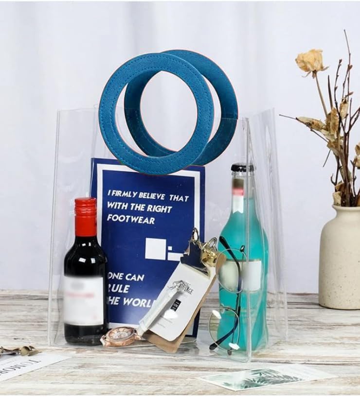 Image of SATYAM KRAFT 6 Pcs Transparent Round Leather Handle Goodie Bags |Gift Bag for Her&Him Wedding Return Gifts Christmas Valentine's Day Birthday Event Festivals Shopping Carry-Packing Bag Blue(27.5x24.5)