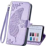 HAOTP for Samsung Galaxy A15 5G Phone Case Wallet,Women Flip Folio Cover Credit Card Holders Emboss Butterfly Flower PU Leather Purse Wrist Strap Kickstand Case for Samsung Galaxy A15 5G Light Purple