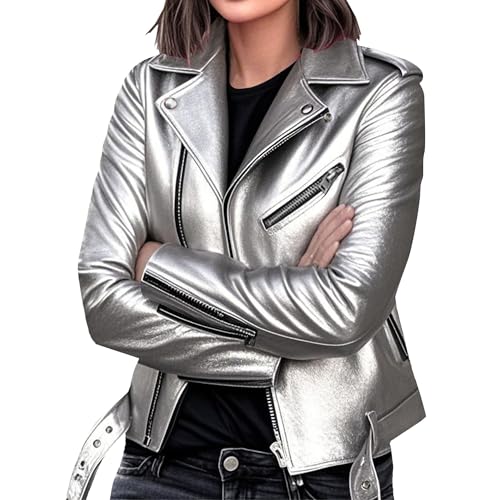 Manteau de moto en similicuir pour femme, blouson aviateur, style motard, automne 2025, gris...