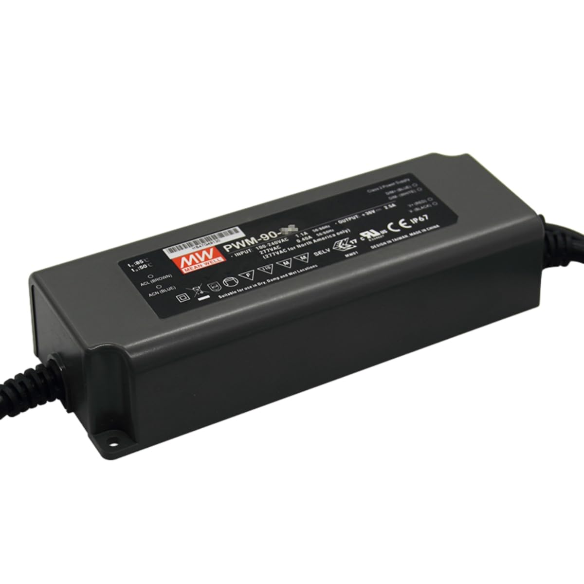 MEAN WELL PWM 90W 12V 7.5A LED Driver， PWM-90-12 AC-DC Constant Voltage PWM Output Switching Power Supply Converter Transformer with IP67, PFC, 3 in 1 Dimming, Plastic Case