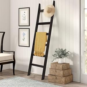 Teakmama 6 tier blanket ladder with hooks 54 ft wall leaning blanket ladders for living room rustic decorative ladder for blankets quilts farmhouse decor ladder shelf easy to assemble black  urban country home decor