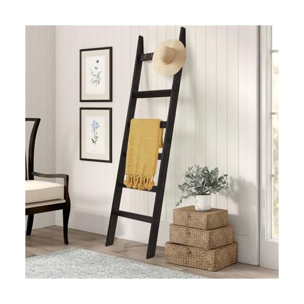 Teakmama 6 tier blanket ladder with hooks 54 ft wall leaning blanket ladders for living room rustic decorative ladder for blankets quilts farmhouse decor ladder shelf easy to assemble black  urban country home decor