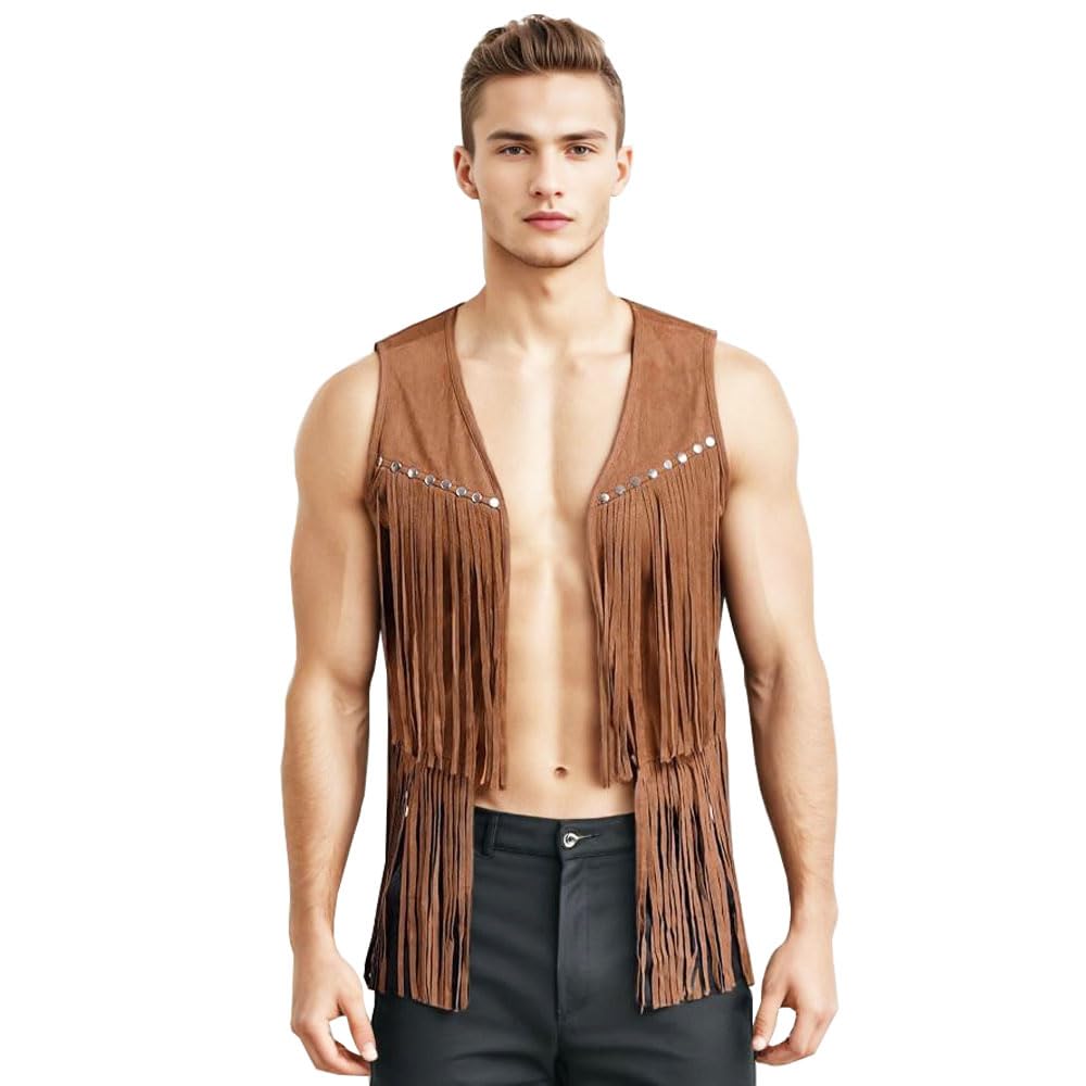 ZUYPSK Gilet de cowboy pour homme - Style vintage années 70 - Veste à franges sans manches - Costume de cosplay - Costume de carnaval - Halloween - Avec franges
