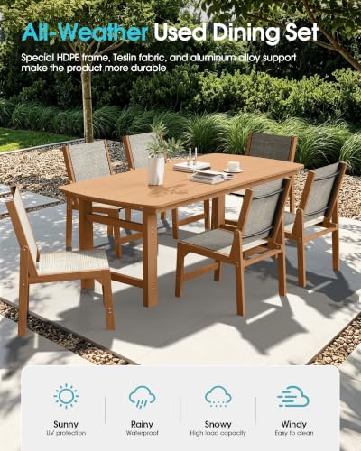 Image of Ciokea HDPE Outdoor Dining Set, Patio Table and 6 Stackable Chairs, Teak