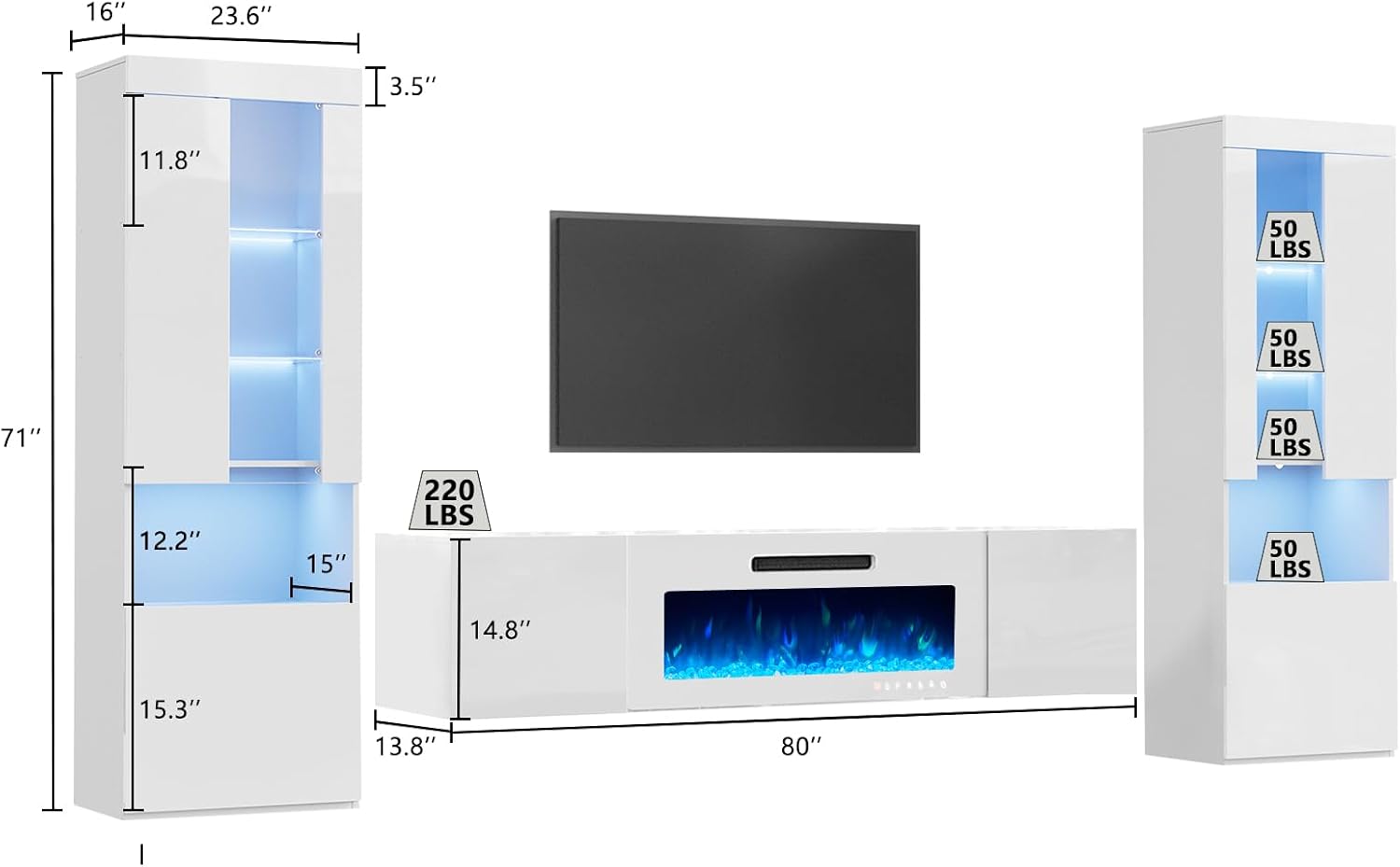 AMERLIFE High Gloss Living Room Entertainment Center with LED Lights, Including Floating Fireplace TV Stand with 40" Electric Fireplace & 2 Bookcases with Glass Doors, All White