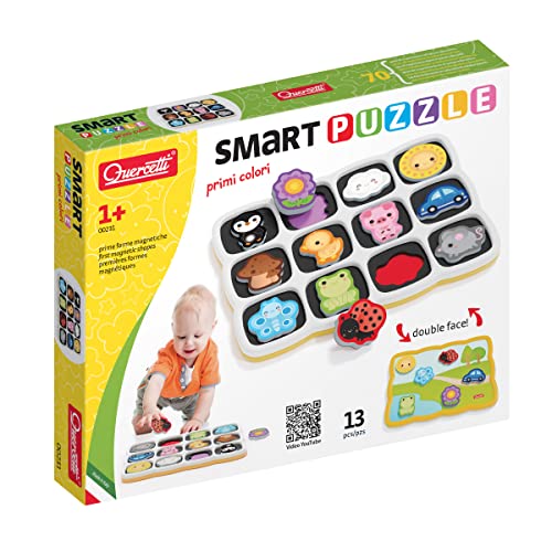 Quercetti Smart Puzzle Primi Colori e Parole, Puzzle prima infanzia, Double Face, 12 calamite, Stimola manualitĂ e coordinazione, bambini di 1 anno, 0231