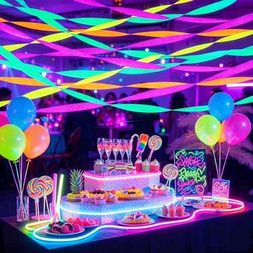 Image of 6 Rolls 600 Feet Neon Crepe Paper Streamers, UV Black Light Reactive Fluorescent Streamers, Glow In The Dark Neon Hanging Backdrop Decor for Glow Party, Birthday, Wedding,Halloween,Rave Party Supplies
