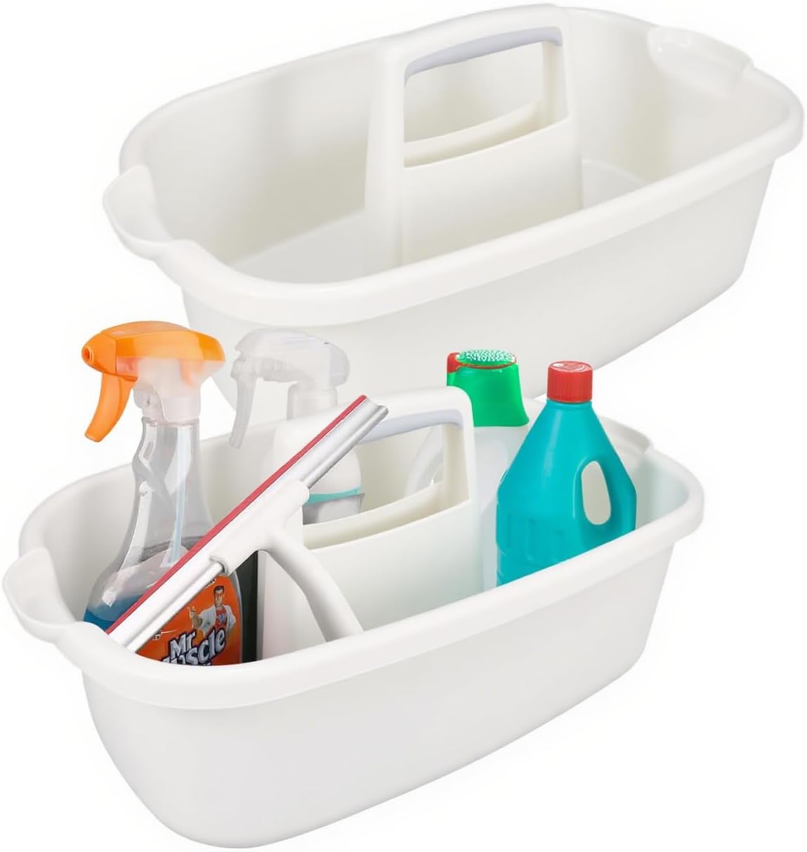 2 Pack Cleaning Supply Caddy with Handle, Portable Shower Caddy Organizer Plastic Basket with Handle, Stackable Tool Storage for Bathroom, Garden, Kitchen, Home Organization, White