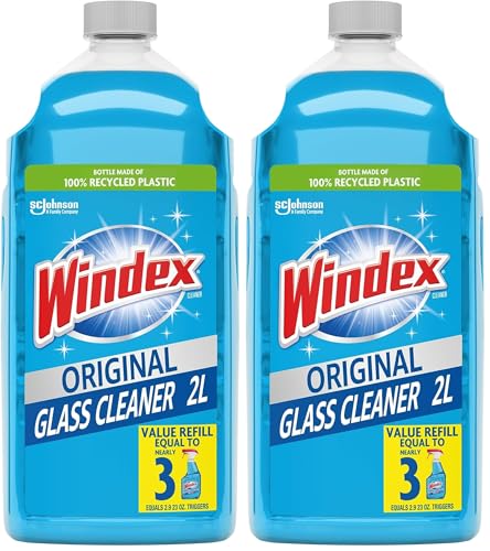 Windex Glass Cleaner Spray Refill, Original Blue Window Cleaner Works on Smudges and Fingerprints, Bottle Made from 100% Recovered Coastal Plastic, 2L (Pack of 2)