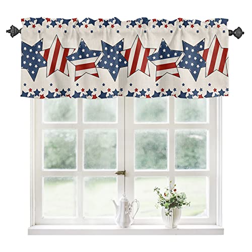 Window Valances Independence Day American Flag Patriot Pentagram Red And Blue Valance For Living Room, Rod Pocket Valances Small Kitchen Curtain Valance Light Filtering Bathroom Decor Curtain 54"X18" #TOP2