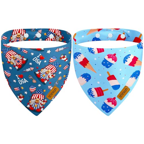 THLOH 4th of July Dog Bandanas with Snap Button 2 Pack Patriotic Dog Scarf for Boy & Girl Adjustable Fit Unique Shape Durable Summer Bandana for Medium and Large Dogs (Large)