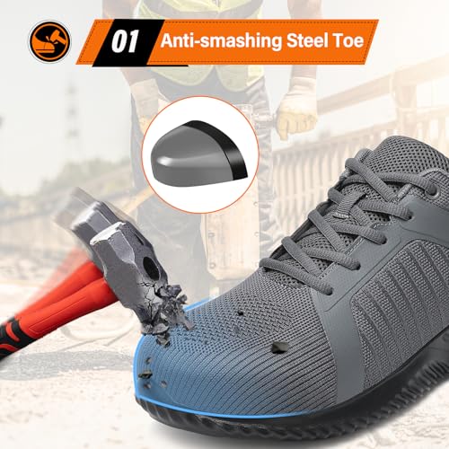 LUPWEE Steel Toe Shoes for Men Slip Resistant Safety Work Shoes Puncture Proof Comfortable Indestructible Sneakers Industry Construction Warehouse Pure Grey 44