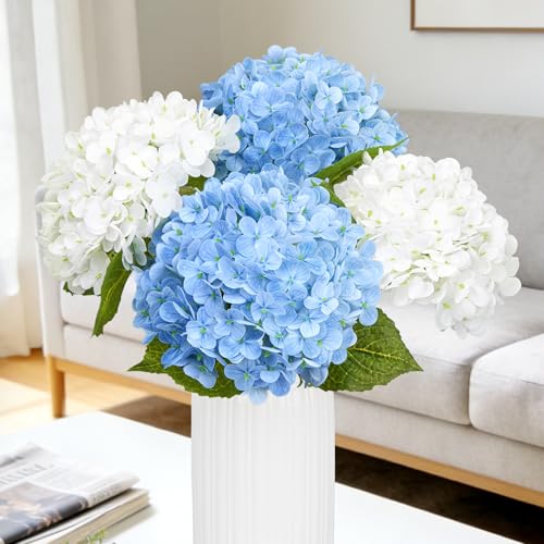 Bassion 4 Pcs 21 Blue White Hydrangea Artificial Flowers for Decorations