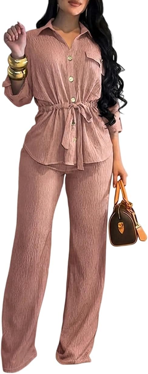 CHICME 2 Piece Sets for Women Summer Outfits Dressy Button-Down Shirt and Wide Leg Pants Drawstring Waist Casual Travel Set