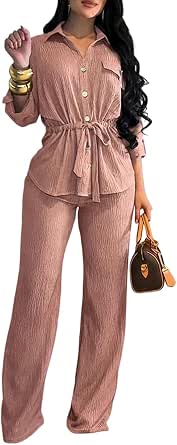 CHICME 2 Piece Women's Summer Outfit Set - Button Down Shirt and Wide Leg Pants