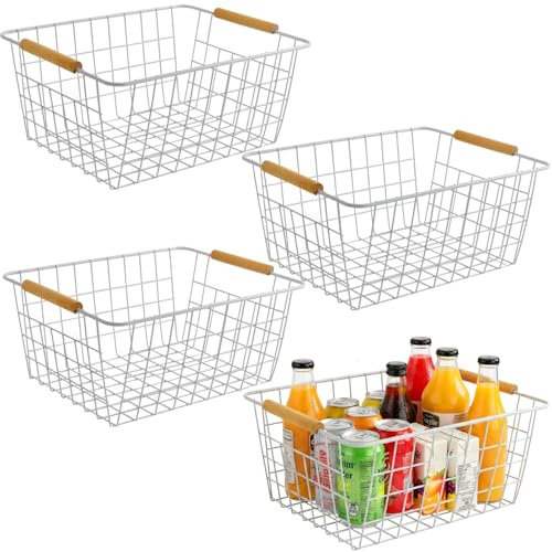 4 Pack White Metal Wire Food Storage Basket Organizer with Wooden Handles for Organizing Kitchen Cabinets Large