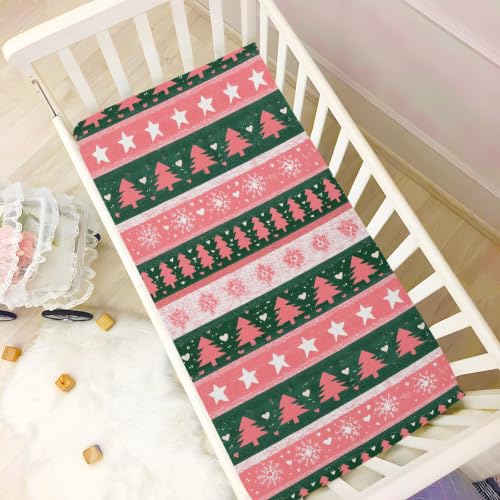 Image of Crib Sheet Breathable Soft Crib Mattress Sheet for Baby Toddler Boys Girls Fitted Pack n Play Crib Sheet Fit Standard Crib Mattress 39 x 27 Inch Christmas Stripe Trees Pink