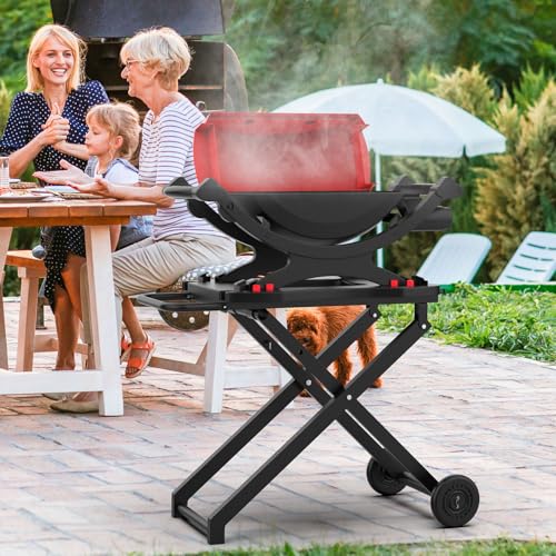 Image of Grill Stand for Weber Q Grill Cart, BBQ Portable Grill Table for Weber Q1200 Q1000 Q2000 Q1400, Heavy-duty Trolley Collapsible Dining Table for Outdoor Camping BBQ Cooking Tailgating, Black, 2 Wheels