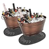 BREKX Copper Finish Drink Tubs + Insulated Party Mats for Parties, Oval Ice Buckets for Parties (Set of 2 tubs + 2 Bar Mats), Drink Buckets for Parties with Drip Mat for Cocktail Bar