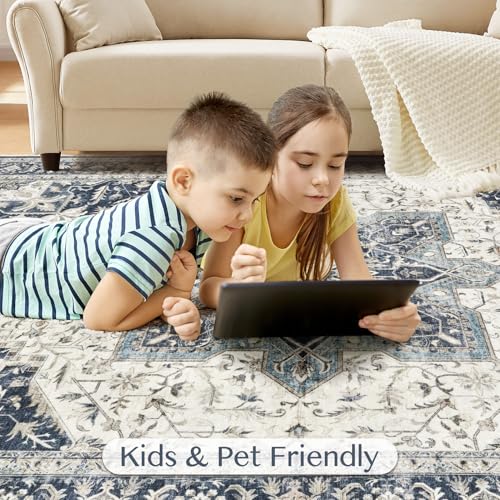Tortania Area Rug Living Room Rugs - 8x10 Washable Boho Rug Vintage Oriental Distressed Farmhouse Large Thin Indoor Carpet for Living Room Bedroom Under Dining Table Home Office - Indigo