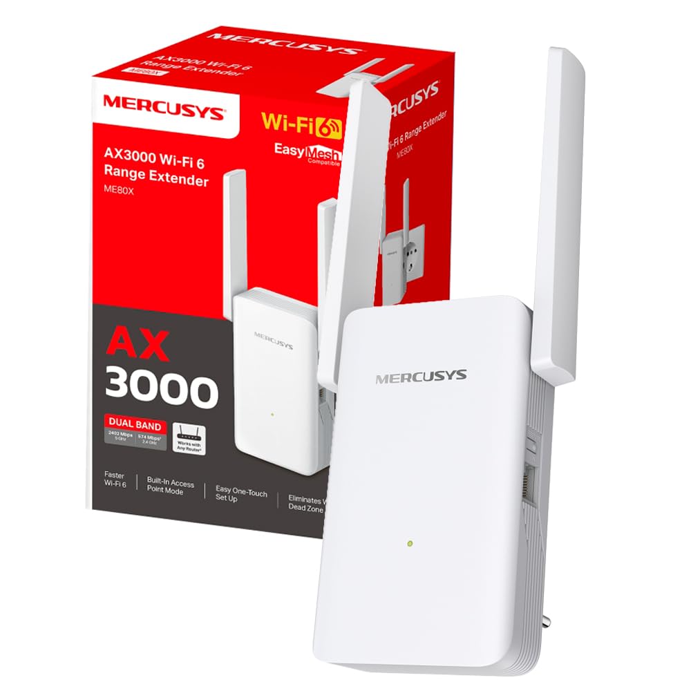 Mercusys Répéteur WiFi 6 Puissant 3000 Mbps, Port Gigabit, ME80X | Compatible toutes box, Améliorez votre couverture jusqu'à 150 m², Idéal pour le Streaming 4K et plusieurs appareils connectés