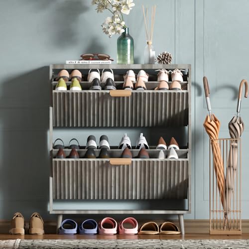 Image of Shoe Cabinet Storage,Modern Freestanding Organizer with 2 Flip Drawers,Narrow Shoe Rack Cabinet for Entryway,Grey