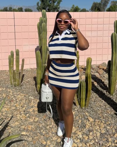 Image of HBQ Women's Casual 2 Piece Skirt Sets Polo Collar Crop Top Striped Mini Dress Summer Vacation-Stripe