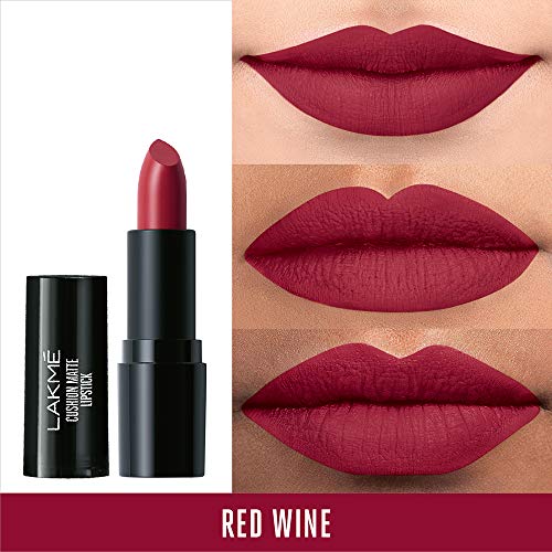 Image of LAKME Enrich Matte Lipstick Shade PM15, Moisturizing Matte Lip Colour with Vitamin E - Non Drying, Creamy Matte Bullet Lipstick, Matte Finish, 4.7g & Lakme Cushion Matte Lipstick, Red Wine, 4.5 g