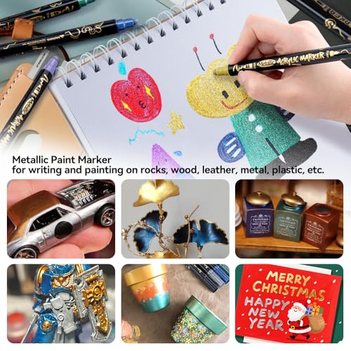 Image of TRANSON 12Colors Metallic Paint Markers Bold and Fine Dual-tip for Rock Wood Ceramic Canvas DIY Painting Drawing