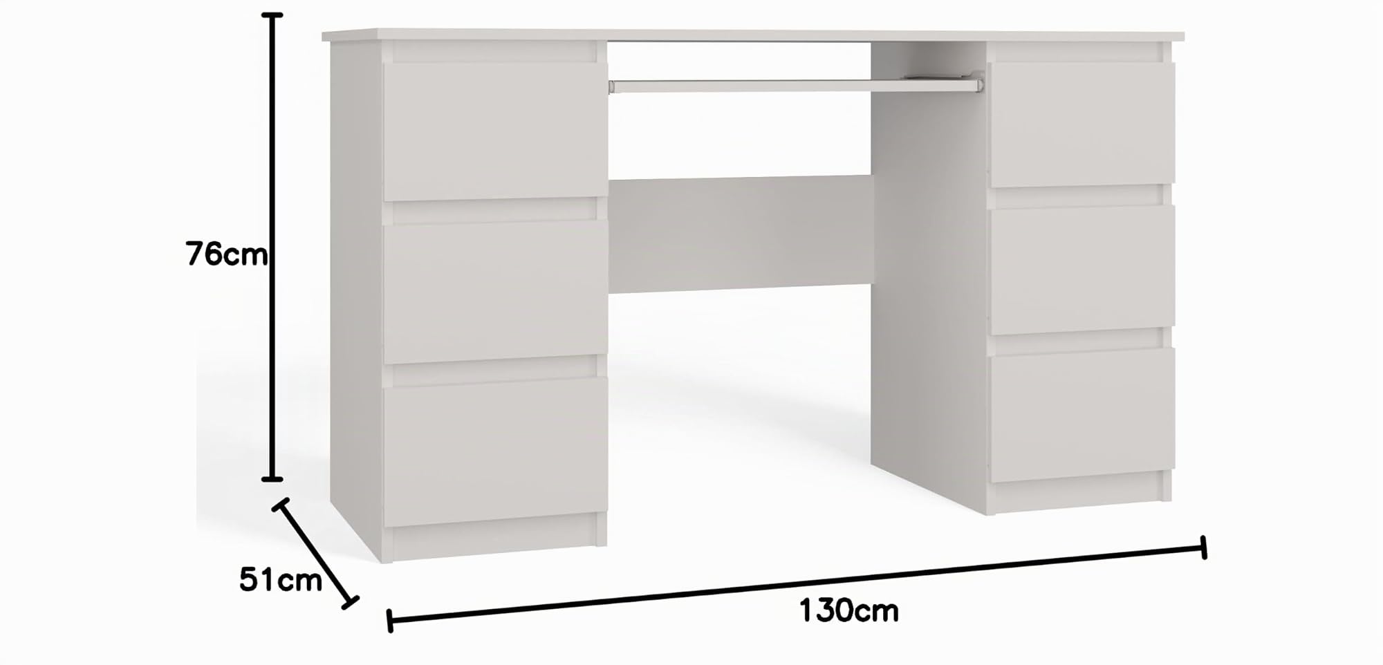 CDF Bureau avec Rangement 130x51x76 cm - Blanc Mat - 3 Tiroirs et Étagères