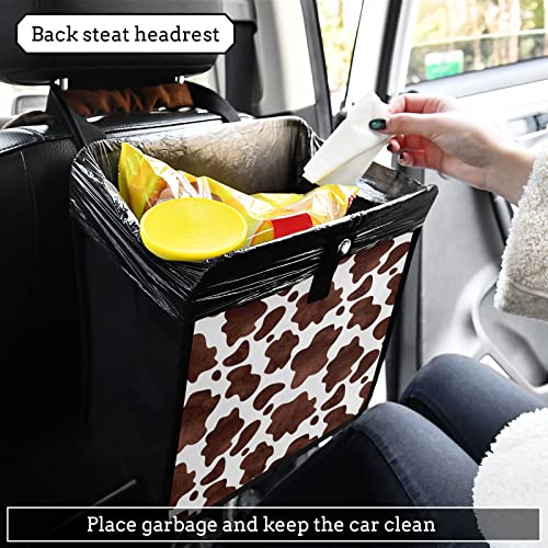 Image of Brown Cow Print Car Trash Can Abstract Animal Skin Foldable Hanging Car Trash Bag Bin Auto Garbage Can Leak-Proof Car Organizer(Large)