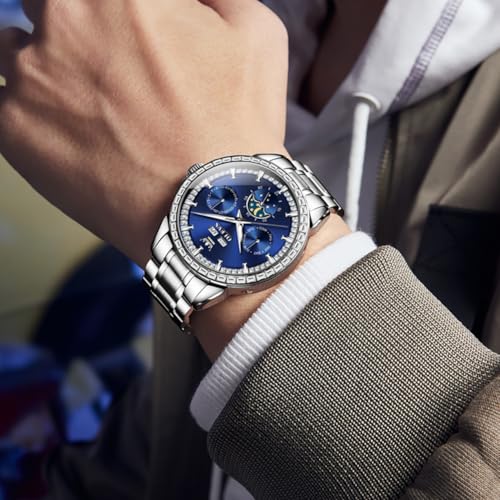Image of OPK Men Analog Automatic Watches Waterproof Multifunction Chronograph Diamond Moon Phase Luminous Stainless Steel Band Wrist Watches
