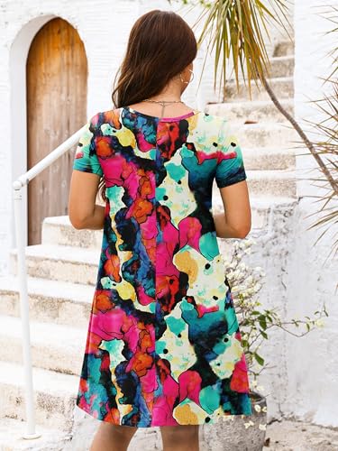 Image of Heymoments Women's Short Sleeve Crewneck Sundress Summer Casual A-Line Beach Dress with Pockets S-2XL