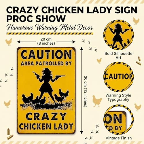 Smilelife Funny Chicken Gifts Caution Area Patrolled By A Crazy Chicken Lady Tin Sign for Home Farm Chicken Coop Farmhouse Kicthen Garden Decor 8 X 12 Inch (3620)