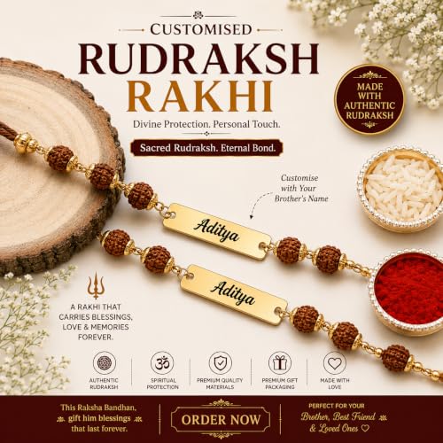 Image of Thebaegift Personalized Rudraksh Rakhi With Name | With Name Customization | Rakhi Combo For Brothers | Best Raksha Bandhan Gift | Name Rakhi For Bhaiyya