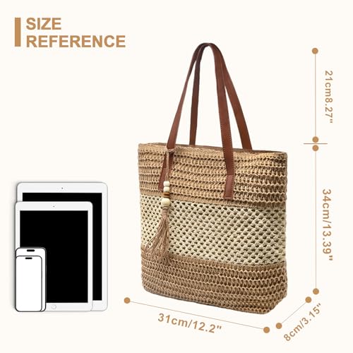 Image of Long Keeper Beach Bags for Women Summer Straw Bag with Zipper Woven Shoulder Handbag Beach Tote Bags for Travel Vacation