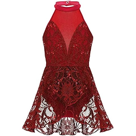 Agoky Balletkleider Mädchen Pailletten Ballettanzug Ärmellos/Langarm Tanzkleid Body Trikot Asymmetrisch Rock Tutu Gymnastik Leotards Turnanzug gr.116-164 Burgund C 128 Cover