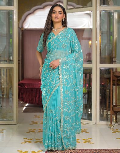 Image of SIRIL Women's Georgette Embroidery Saree With Unstitched Blouse