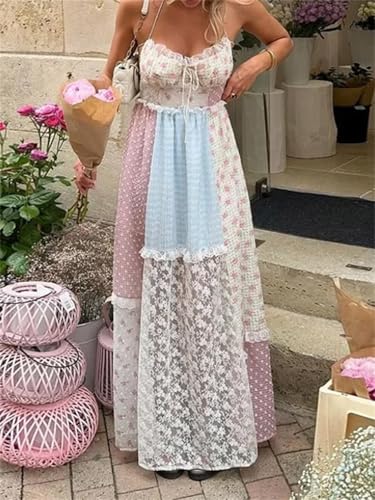 Women Boho Floral Smocked Maxi Dress Y2k Patchwork Lace Layered Long Beach Dress Casual Flowy Summer Sundress (Pink & Blue #C, M)